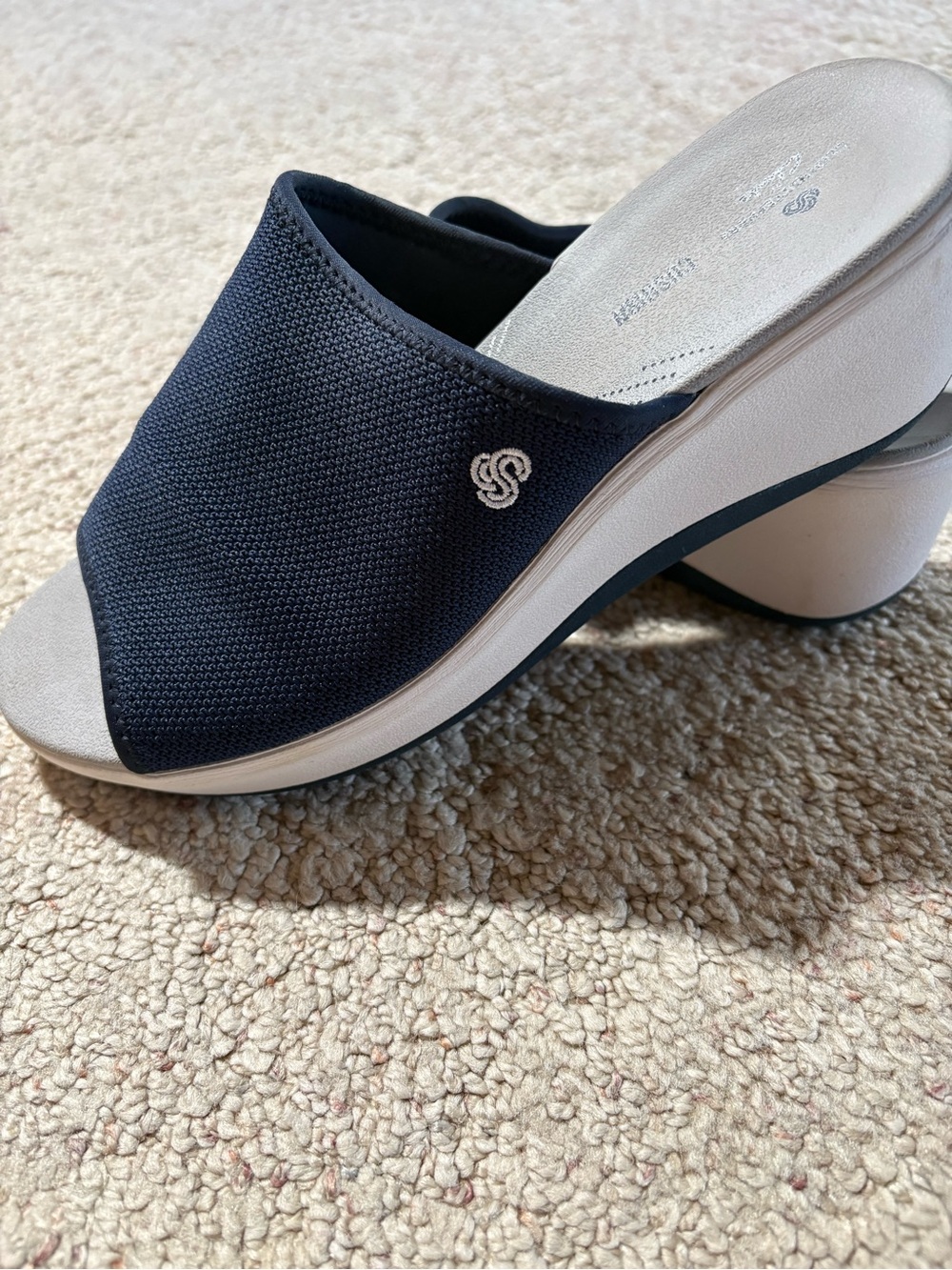 Clarks Navy and White Slip-On Wedge Mules